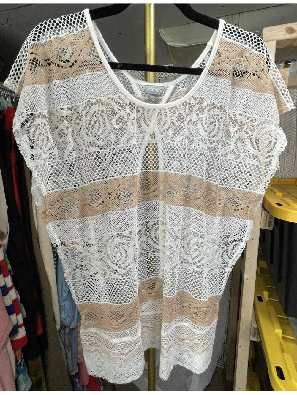 Vanity Women's White And Tan Striped Sheer Lace Sleeveless Blouse Size Medium